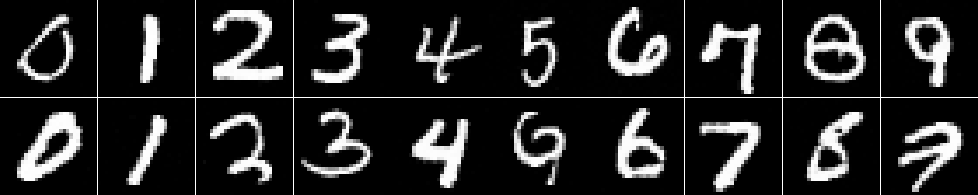 단어 조건 디퓨전 생성 결과 — 각 행은 zero~nine, 두 행은 같은 단어의 서로 다른 샘플